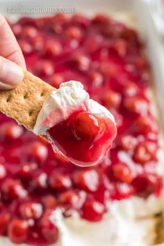 a hand holding a cracker over a cranberry dip