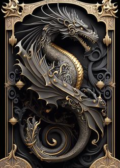 a black and gold dragon on a black background