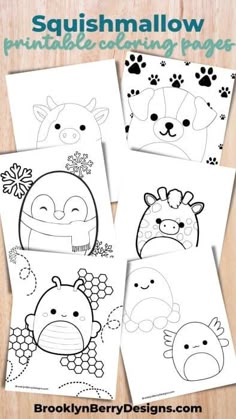 four printable coloring pages for kids with animals and flowers on them, including the words squshmallow