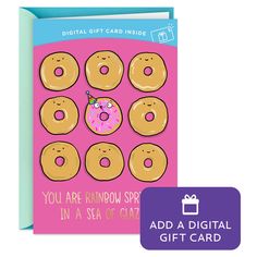 a pink card with donuts on it and the words you are rainbow sprinkled in