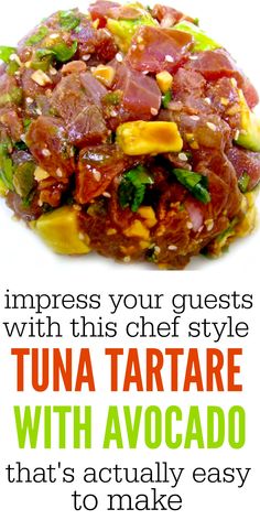 an advertisement for tuna tartare with avocado