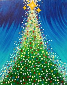 a painting of a green christmas tree with white and red dots on it's bottom