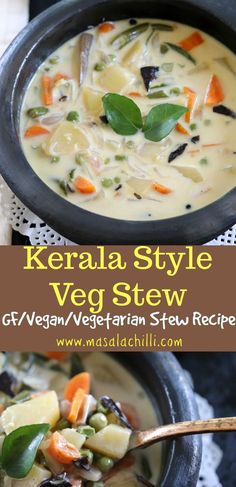 two bowls filled with vegetable soup on top of a white doily and the words kerala style veg stew