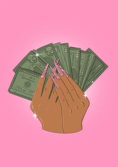 a person holding money in their hands on a pink background