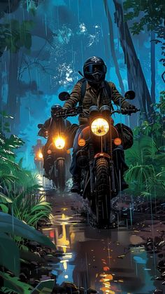 two motorcyclists riding through the rain on their bikes in the woods at night