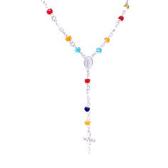 Make a statement of faith and fashion with this gorgeous Rosary necklace! This unique piece of jewelry is crafted with 14k white gold filled metal and is adorned with multicolor crystal beads. The perfect accessory for spiritual protection and elegance, this necklace makes a lovely addition to any outfit. The necklace length is about 20 inches with a 4 inches extension that ends with a crucifix pendant and is lead and nickel free, making it safe for any skin type. Whether you’re looking for a me Multicolor Crystal Jewelry With Colorful Beads, Multicolor Sterling Silver Beaded Necklaces For Gifts, Sterling Silver Multicolor Beaded Necklace For Gift, Multicolor Sterling Silver Beaded Necklace For Gift, White And Colorful Beaded Sterling Silver Jewelry, White Sterling Silver Jewelry With Colorful Beads, Multicolor Crystal Necklace For Gift, Spiritual Multicolor Sterling Silver Necklace, Multicolor Sterling Silver Crystal Necklace Gift