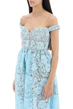 If you're looking for a dress that exudes luxury and elegance, look no further than this stunning midi dress in floral lace with crystals. The bustier bodice with shaped cups, underwire, and inner boned seams are embellished with crystal cupchains and jewel buttons, creating a truly mesmerizing look that is perfect for any special occasion. With an off-shoulder neckline, back invisible zipper and hook closure, and side seam pockets, this dress is as functional as it is beautiful. The fitted bodi Circular Skirt, Latest Fashion Design, Dress Crafts, Bustiers, Scalloped Hem, Lace Design, Fitted Bodice, Self Portrait, Victoria Beckham