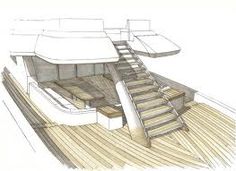 a drawing of a boat with stairs and steps leading up to the upper deck area