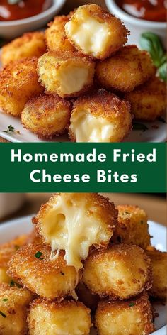 homemade fried cheese bites on a white plate with sauce in the background and another image above