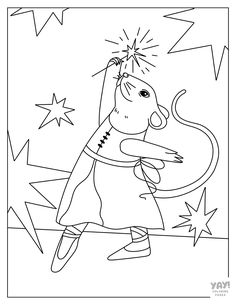 a cartoon character with stars on his head and arms in the air, holding onto a string