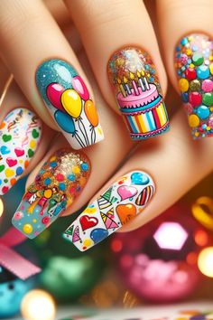 33 Birthday Nails to Celebrate Your Special Day Disney Birthday Nails Art Designs, Happy Birthday Nail Art Designs, Birthday Day Nails, Birthday Nail Design, Pretty Birthday Nails, New Year's Eve Nails