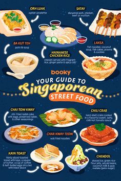 the singapore street food guide is shown in this graphic style, with instructions for how to eat it