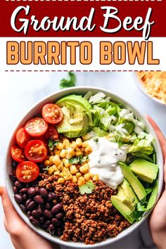 a bowl filled with beans, avocado, tomatoes and other ingredients to make a ground beef burrito bowl