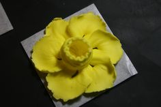 a yellow flower sitting on top of a piece of paper with some sort of substance in it