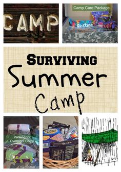 a collage of pictures with the words camping in black and white text that reads, surviving summer camp