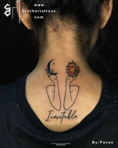 a woman with a sunflower tattoo on her neck and behind her head is the words insatible