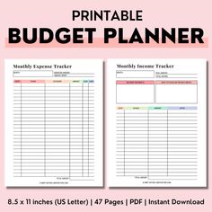 the printable budget planner is shown in two different colors and sizes, with text overlay