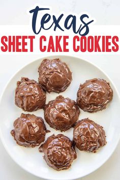 chocolate covered cookies on a white plate with the words texas sheet cake cookies above it