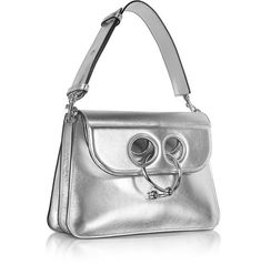 Silver Leather Medium Pierce Metallic Bag crafted in metallic goatskin, has a contemporary structure with a youthful vibe and adds that special pop to your evening chic look. Featuring double flap with circular barbell piercing closure, detachable shoulder strap, three internal compartments, soft leather lining and silver tone hardware. Signature dust bag included. Medium Size L 11½" x H 8" x W 3½"Strap drop 6½" adjustableMade in Italy Modern Evening Bag With Hardware Details, Modern Evening Bag With Hardware, Modern Evening Bags With Hardware, Circular Barbell, Barbell Piercing, Fall Lookbook, Silver Bags, Metallic Purse, Statement Bag