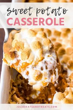 a spoonful of sweet potato casserole is being lifted from the casserole dish