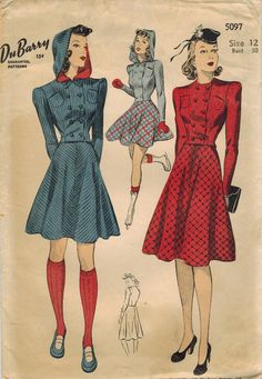 1940s DuBarry 5097 FF winter skirt and hooded jacket ensemble. Recommended fabrics: corduroy, velveteen, soft wool, jersey, flannel. Jitterbug Dance, Retro Concept, Classy Pattern, 40s Mode, Couple Dance, Bored Art, Dance Contest, Sewing Vintage, Fashion 1940s