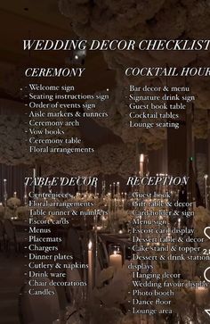 wedding decor checklist for ceremony cocktail hour