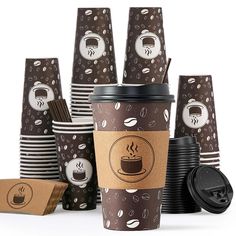 coffee cups are stacked up with their lids down and paper napkins in front of them