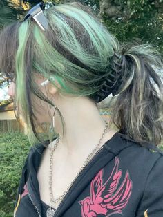 Mint Peekaboo Hair, Green Streaked Hair, Colourful Hair Aesthetic, Brown Hair Green Underneath, Dyed Highlights Color, Green Hair With Highlights, Blonde Hair With Green Streaks, Mint Chocolate Chip Hair, Chunky Hair Dye