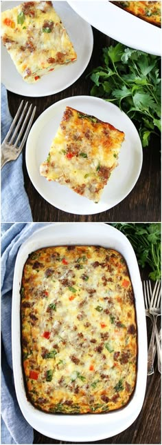 three different views of a casserole dish with meat and vegetables in it on plates