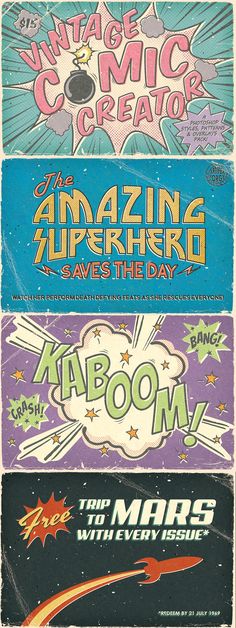 four different types of posters with the words amazing and super hero written on them in various colors