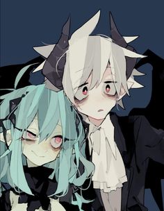 two anime characters with black and white hair, one is holding the other's head