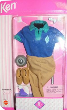 the ken doll is wearing a blue shirt and khaki pants