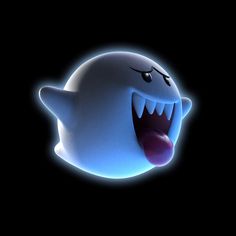 an animated ghost with its mouth open and tongue out in the dark, lit up