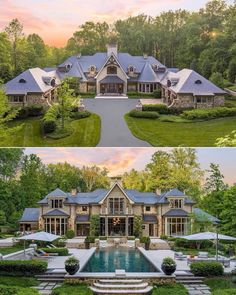 two pictures of a large house with a pool in the front and an outside view of it