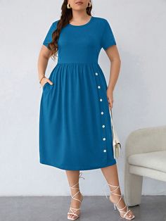 Agua verde azul Casual Collar manga corta Tela Liso A línea Embellished Estiramiento medio Simple Dress Styles, Lovely Dresses, Simple Dresses, Dress P, Teal Blue, Plus Clothing, Length Sleeve