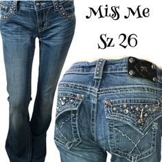 MISS ME sz 26 Jeweled & Studded-Embellished Boot Women's Denim Blue Jeans.  Look great coming and going.  Jeans have lots of detail; see pictures for quality/quantity of beautiful studs and jewels.  Multiple pictures to illustrate condition, size, length, fit, and color; however, color of actual garment may vary slightly from pictures due to lighting and technology differences with cell phones and computers. View all pictures, as they are part of the description, to include fit and measurements. Jeweled Jeans, Multiple Pictures, Jeans Look, Denim Blue Jeans, Miss Me Jeans, Jeans For Sale, Denim Blue, Miss Me, Rock Revival Jean