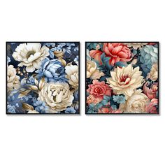 two paintings with flowers on them, one in blue and the other in red