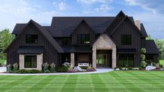 this is an artist's rendering of a house in the country style with black shingles and stone accents