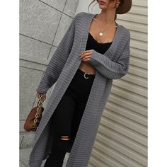 Dark Gray Solid Knit Open Front Long Cardigan Trendy Gray Open Front Cardigan, Gray Open Front Trendy Cardigan, Casual Gray Open Front Cardigan, Casual Gray Open Front Sweater, Chic Gray Cardigan For Fall, Gray Ribbed Cardigan For Fall, Gray Open Front Cardigan For Fall, Gray Long Spring Cardigan, Long Ribbed Sweater For Fall