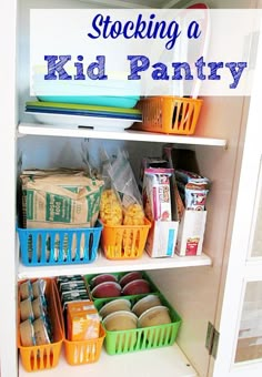 a pantry filled with lots of food and plastic containers on top of white shelving