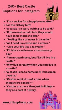 a pink poster with the words captions for instagrams on it and an image of a castle