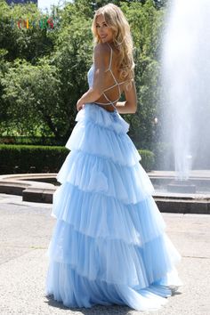 Homecoming Dresses Long Ball Gown, Prom Dresses With Open Backs, Blue Tiered Prom Dress, Tulle Layered Prom Dress, Puffed Sleeve Prom Dress, Statement Prom Dress, Girly Prom Dresses, Prom Dresses Fluffy, 2024 Prom Dresses