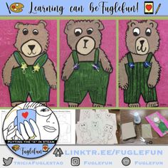 three pictures of teddy bears in green overalls