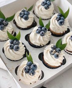 there are many cupcakes with white frosting and blueberries on top in the box