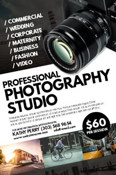 an advertisement for a professional photography studio, featuring a camera and the words professional photography on it