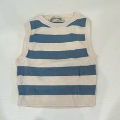 A Never Worn Blue And White Stripe High Neck Crop Top Casual Blue Zara Tank Top, Fitted Blue Zara Tank Top, Zara Blue Summer Tops, Zara Tank Top, Striped Sleeveless Top, Denim Crop Top, Vest White, Striped Crop Top, Striped Tank Top