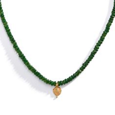 Fresco Chrome Diopside Stone Strand with Vintage Charm-A sparkly strand of lush green chrome diopside stones is beautifully offset by a 22k gold vintage Indian charm. Green Chrome, Vintage Indian