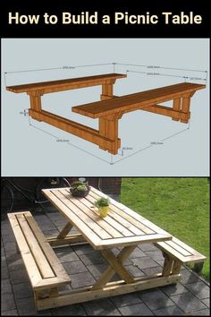 the plans for a picnic table and bench are shown in two different views, one is made out of wood