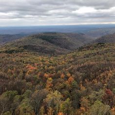 an aerial view of the mountains and trees with fall foliage in the foreground,