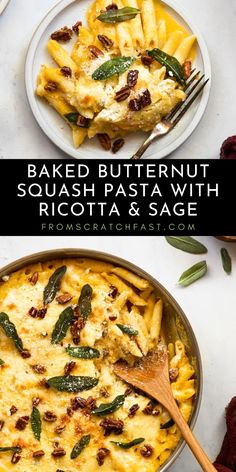 baked butternut squash pasta with ricotta and sage in a skillet on a white table